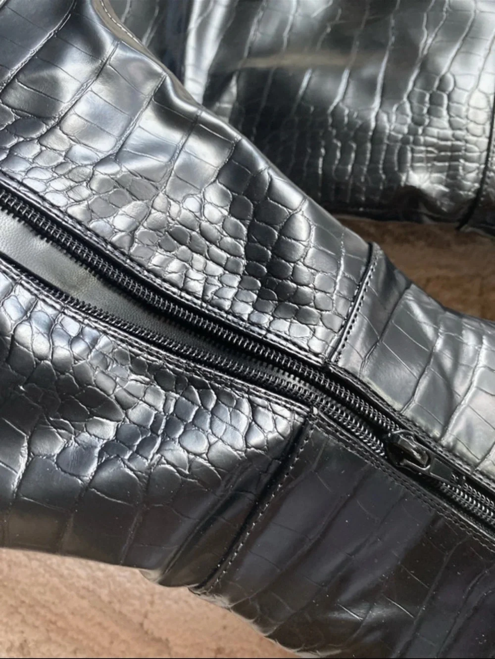 Black Croc-Embossed Knee-High Heeled Boots
